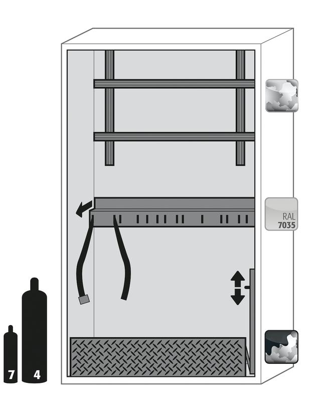 Asecos G-ULTIMATE-90 model G90.205.120 cabinet, (mm) 1198 x 615 x 2050,  1x rolling ramp L350, 1x cylinder retainer and tension belts, 1x mounting rail; galvanised steel
