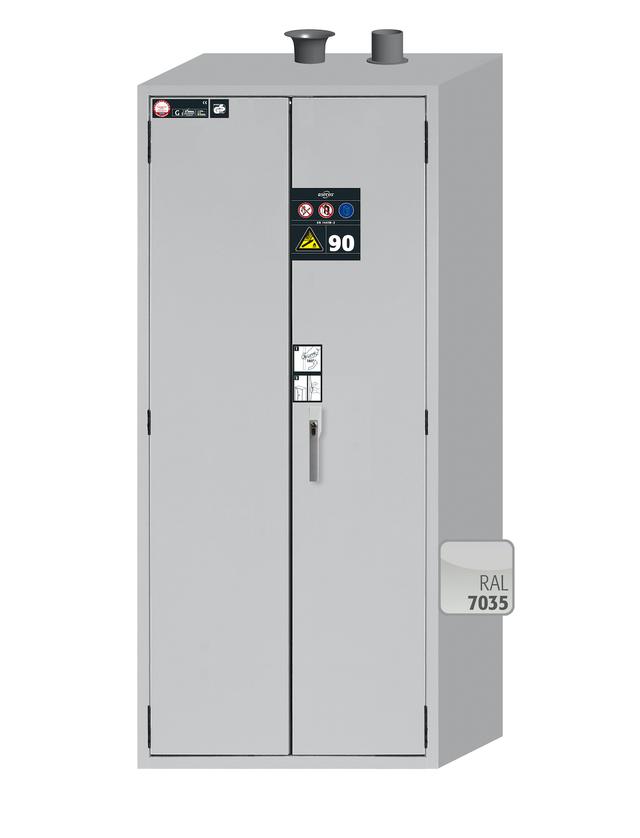 Asecos G-ULTIMATE-90 model G90.205.090 cabinet, (mm) 898 x 615 x 2050,  1x rolling ramp, 1x cylinder retainer, 1x mounting rail; galvanised steel