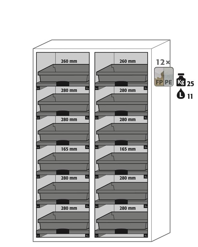 Asecos SLX-CLASSIC model SLX.230.120.MV cabinet, (mm) 1197 x 615 x 2300, left 6x pull-out shelf; PP; right 6x pull-out shelf; PP Asecos SLX-CLASSIC model SLX.230.120.MV cabinet, (mm) 1197 x 615 x 2300, left 6x pull-out shelf; PP; right 6x pull-out shelf; PP