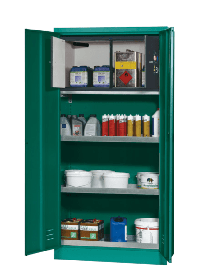 Asecos E-PSM model EP.195.095 cabinet, (mm) 950 x 50 x 1950, 3x tray shelf, 1x bottom collecting sump; galvanised steel Asecos E-PSM model EP.195.095 cabinet, (mm) 950 x 50 x 1950, 3x tray shelf, 1x bottom collecting sump; galvanised steel