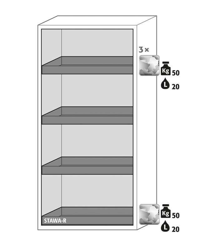 Asecos E-PSM model EP.195.095 cabinet, (mm) 950 x 50 x 1950, 3x tray shelf, 1x bottom collecting sump; galvanised steel Asecos E-PSM model EP.195.095 cabinet, (mm) 950 x 50 x 1950, 3x tray shelf, 1x bottom collecting sump; galvanised steel