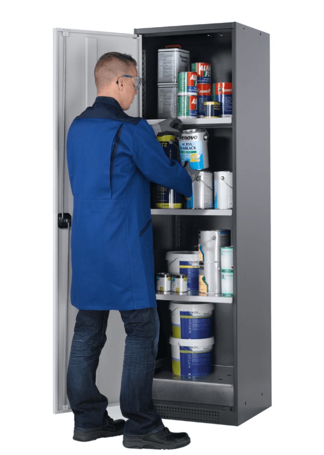 Asecos CS-CLASSIC model CS.195.054 cabinet, (mm) 545 x 520 x 1950, 3x shelf, 1x perforated insert, 1x bottom collecting sump; galvanised steel Asecos CS-CLASSIC model CS.195.054 cabinet, (mm) 545 x 520 x 1950, 3x shelf, 1x perforated insert, 1x bottom collecting sump; galvanised steel