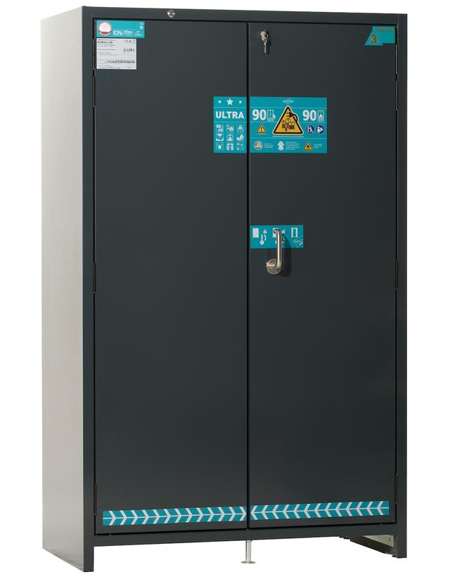 Asecos ION-ULTRA-90 model IO90.195.120.065.WDEL battery charging and storing cabinet, grey RAL 7016 & grey RAL 7016, (mm) 1193 x 615 x 1953, 6x insulated shelf incl. outlet strips, 1x bottom collecting sump (V=2.85L); Powder-coated sheet steel Asecos ION-ULTRA-90 model IO90.195.120.065.WDEL battery charging and storing cabinet, grey RAL 7016 & grey RAL 7016, (mm) 1193 x 615 x 1953, 6x insulated shelf incl. outlet strips, 1x bottom collecting sump (V=2.85L); Powder-coated sheet steel