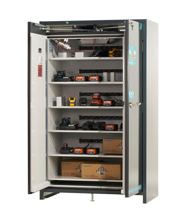 Asecos ION-ULTRA-90 model IO90.195.120.065.WDEL battery charging and storing cabinet, grey RAL 7016 & grey RAL 7016, (mm) 1193 x 615 x 1953, 6x insulated shelf incl. outlet strips, 1x bottom collecting sump (V=2.85L); Powder-coated sheet steel Asecos ION-ULTRA-90 model IO90.195.120.065.WDEL battery charging and storing cabinet, grey RAL 7016 & grey RAL 7016, (mm) 1193 x 615 x 1953, 6x insulated shelf incl. outlet strips, 1x bottom collecting sump (V=2.85L); Powder-coated sheet steel