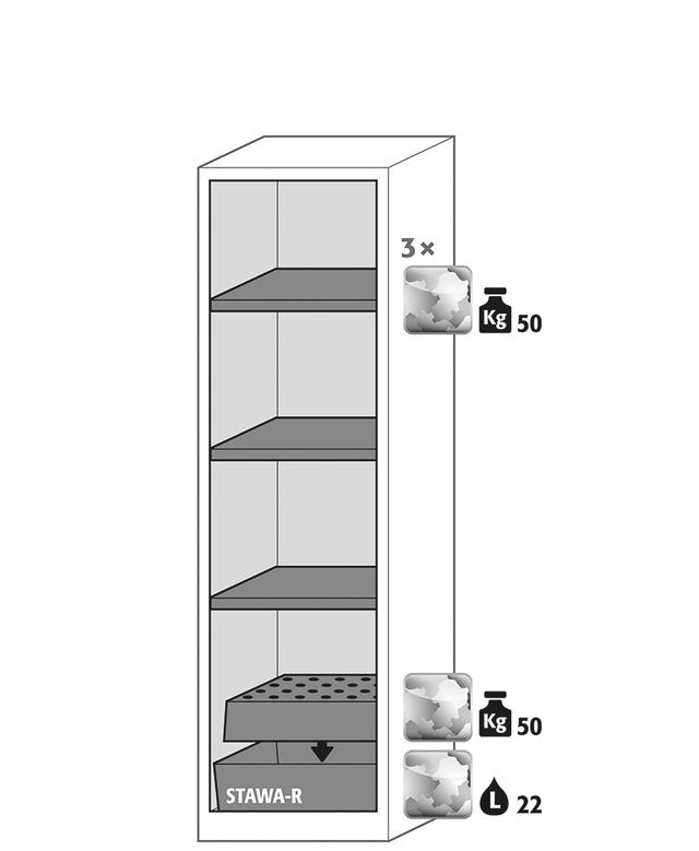 Asecos CS-CLASSIC model CS.195.054 cabinet, (mm) 545 x 520 x 1950, 3x shelf, 1x perforated insert, 1x bottom collecting sump; galvanised steel Asecos CS-CLASSIC model CS.195.054 cabinet, (mm) 545 x 520 x 1950, 3x shelf, 1x perforated insert, 1x bottom collecting sump; galvanised steel