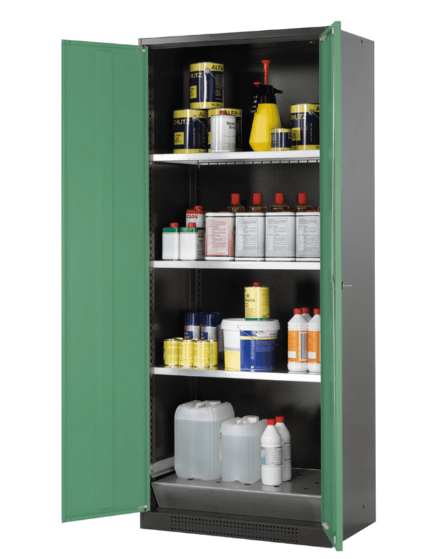 Asecos CS-CLASSIC model CS.195.081 cabinet, (mm) 810 x 520 x 1950, 3x shelf, 1x perforated insert, 1x bottom collecting sump; galvanised steel Asecos CS-CLASSIC model CS.195.081 cabinet, (mm) 810 x 520 x 1950, 3x shelf, 1x perforated insert, 1x bottom collecting sump; galvanised steel