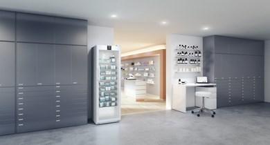 Liebherr HMFvh 4011 pharmaceutical refridgerator, +5 °C, 420 L, (mm) 597 x 654 x 1884, with medicine drawers, fan-assisted cooling, compliant with DIN 13277, glass door Liebherr HMFvh 4011 pharmaceutical refridgerator, +5 °C, 420 L, (mm) 597 x 654 x 1884, with medicine drawers, fan-assisted cooling, compliant with DIN 13277, glass door