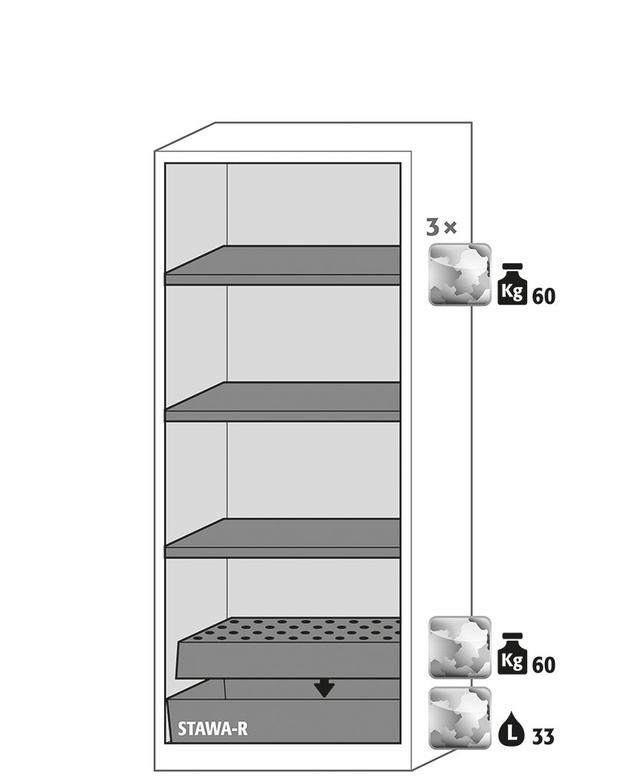 Asecos CS-CLASSIC model CS.195.081 cabinet, (mm) 810 x 520 x 1950, 3x shelf, 1x perforated insert, 1x bottom collecting sump; galvanised steel Asecos CS-CLASSIC model CS.195.081 cabinet, (mm) 810 x 520 x 1950, 3x shelf, 1x perforated insert, 1x bottom collecting sump; galvanised steel