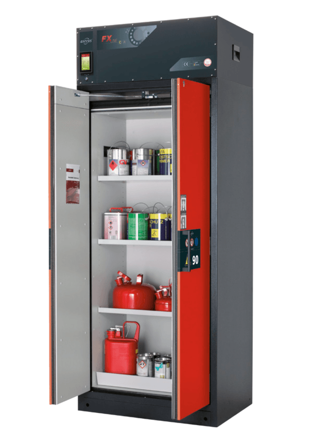 Asecos FX-PEGASUS-90 model FX90.229.090.WDAC cabinet, (mm) 893 x 615 x 2294, 3x shelf, 1x perforated insert, 1x bottom collecting sump; steel Asecos FX-PEGASUS-90 model FX90.229.090.WDAC cabinet, (mm) 893 x 615 x 2294, 3x shelf, 1x perforated insert, 1x bottom collecting sump; steel