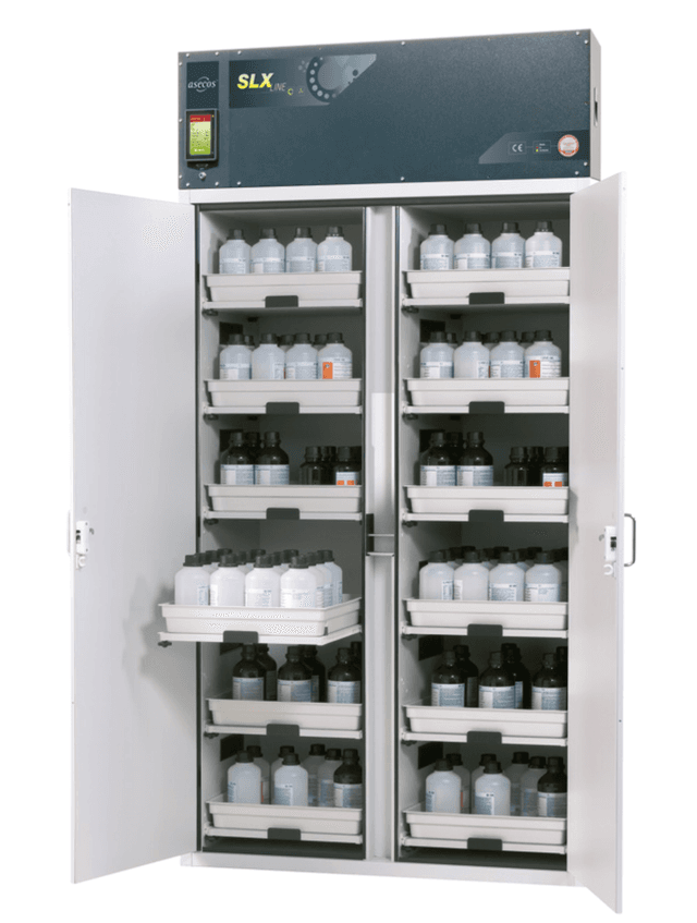 Asecos SLX-CLASSIC model SLX.230.120.MV cabinet, (mm) 1197 x 615 x 2300, left 6x pull-out shelf; PP; right 6x pull-out shelf; PP Asecos SLX-CLASSIC model SLX.230.120.MV cabinet, (mm) 1197 x 615 x 2300, left 6x pull-out shelf; PP; right 6x pull-out shelf; PP