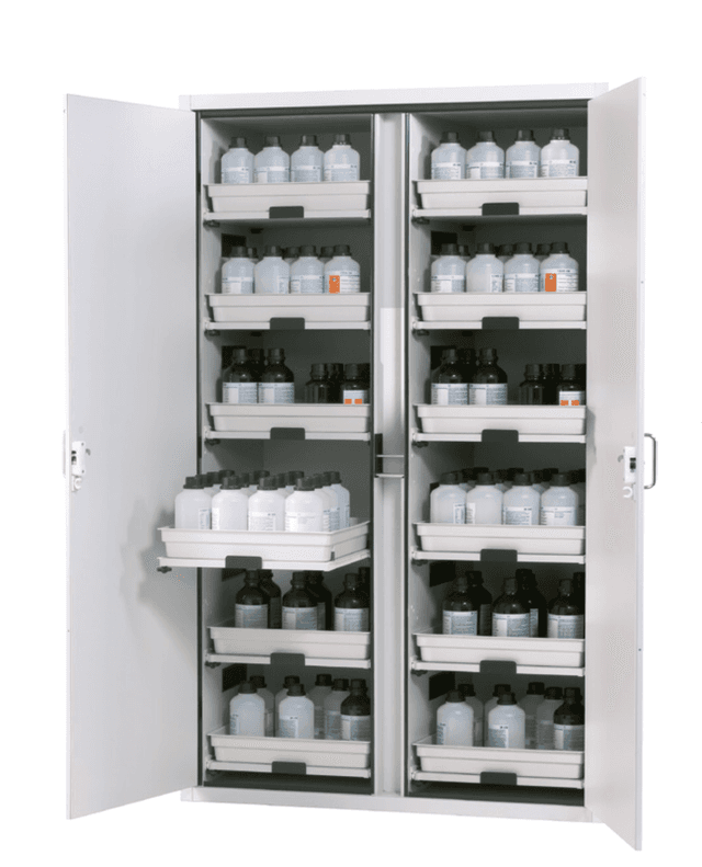 Asecos SL-CLASSIC model SL.196.120.MV cabinet, (mm) 1197 x 603 x 1965, left 4x pull-out shelf, 1x HF compartment incl. PE sump; PP; right 4x pull-out shelf; PP Asecos SL-CLASSIC model SL.196.120.MV cabinet, (mm) 1197 x 603 x 1965, left 4x pull-out shelf, 1x HF compartment incl. PE sump; PP; right 4x pull-out shelf; PP