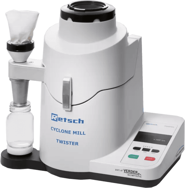 Retsch Cyclone Mill TWISTER, complete with rotor, grinding ring, sieve section (1.0 mm and 2.0 mm), wooden plunger and 10 sample bottles 250 ml, 220–240 V, 50/60 Hz