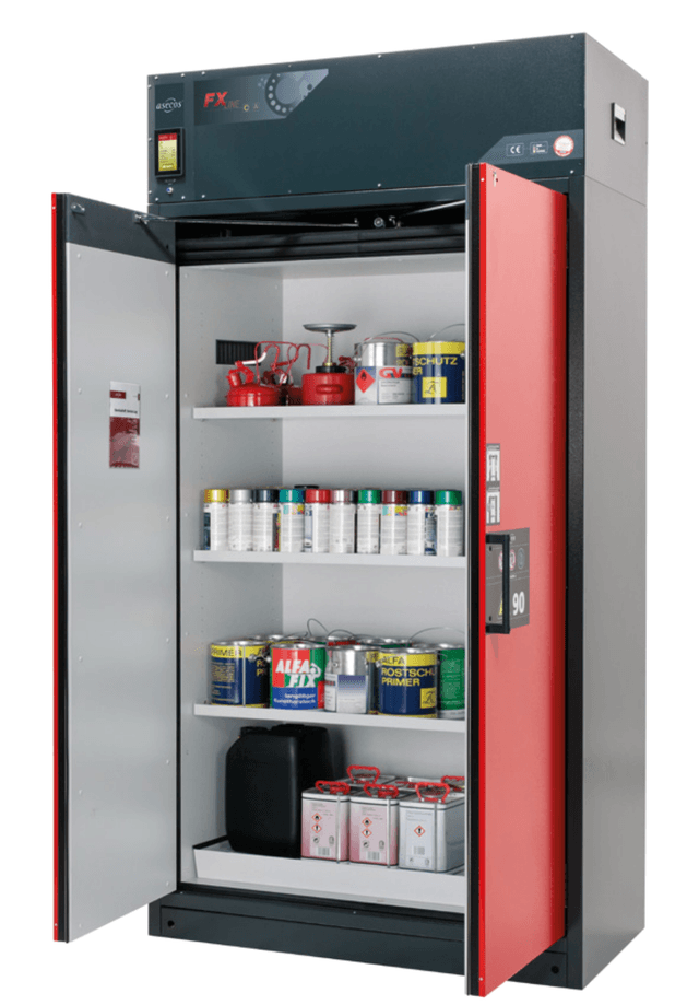 Asecos FX-PEGASUS-90 model FX90.229.120.WDAC cabinet, (mm) 1193 x 615 x 2294, 3x shelf, 1x perforated insert, 1x bottom collecting sump; steel Asecos FX-PEGASUS-90 model FX90.229.120.WDAC cabinet, (mm) 1193 x 615 x 2294, 3x shelf, 1x perforated insert, 1x bottom collecting sump; steel
