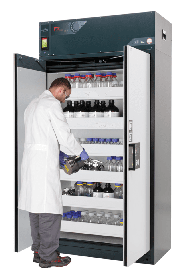 Asecos FX-PEGASUS-90 model FX90.229.120.WDAC cabinet, (mm) 1193 x 615 x 2294, 3x shelf, 1x perforated insert, 1x bottom collecting sump; steel Asecos FX-PEGASUS-90 model FX90.229.120.WDAC cabinet, (mm) 1193 x 615 x 2294, 3x shelf, 1x perforated insert, 1x bottom collecting sump; steel