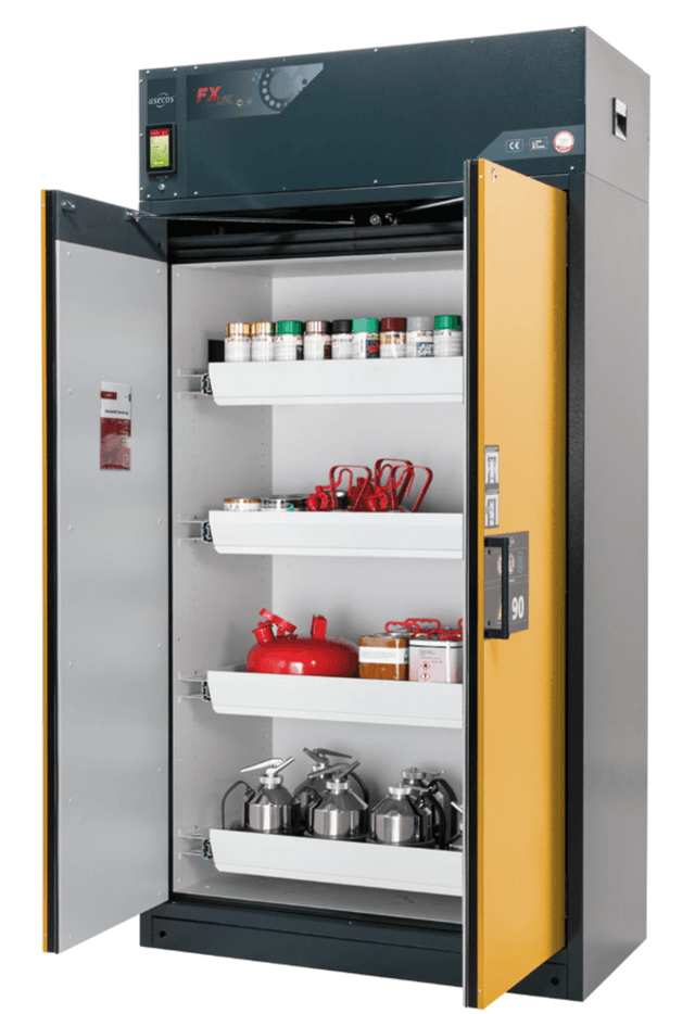 Asecos FX-PEGASUS-90 model FX90.229.120.WDAC cabinet, (mm) 1193 x 615 x 2294, 3x shelf, 1x perforated insert, 1x bottom collecting sump; steel Asecos FX-PEGASUS-90 model FX90.229.120.WDAC cabinet, (mm) 1193 x 615 x 2294, 3x shelf, 1x perforated insert, 1x bottom collecting sump; steel